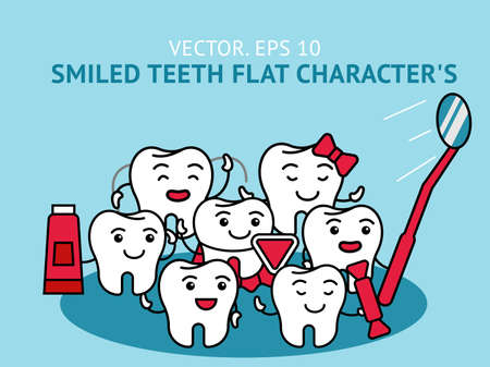 Happy tooth. Cute dentist happy characters composition. Teeth with mirror, hold brush and toothpaste, oral care, dental clinic, treatment and hygiene in stomatology. Vector design illustrationのイラスト素材