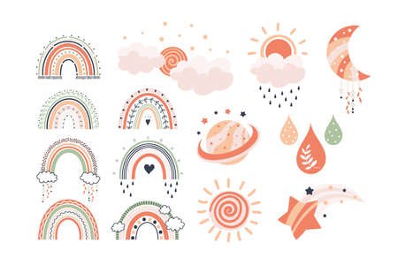Boho clouds, doodle rainbows. Cute happy baby spring moon, sun and stars. kids trend nursery decor, weather stickers, hand drawn celestial postcard and childish prints vector isolated setのイラスト素材