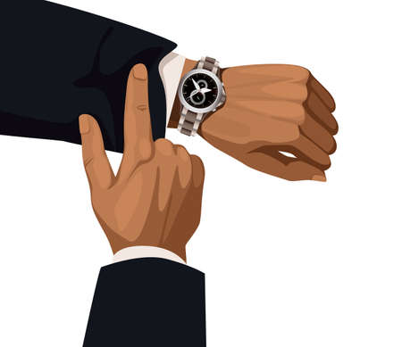 Arm and watch. Wrist clock on hand. Man looking punctual chronometer dial. Person with wristwatch. Finger pointing on timepiece. Accuracy timer. Fashionable accessory. Vector flat iconのイラスト素材