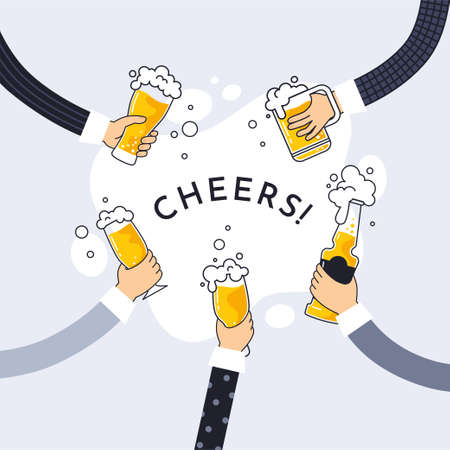 Hand with beer drink. Friends on bar party with glass bottle, craft mug of alcohol beverage toast, celebrate oktoberfest. Ale and lager. Cheers text. Minimal design vector illustrationのイラスト素材