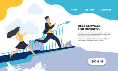 Business landing page. Website interface template. Running businessmen. Progress infographics. Company development. Effective managers. Vector office support and online marketing conceptのイラスト素材
