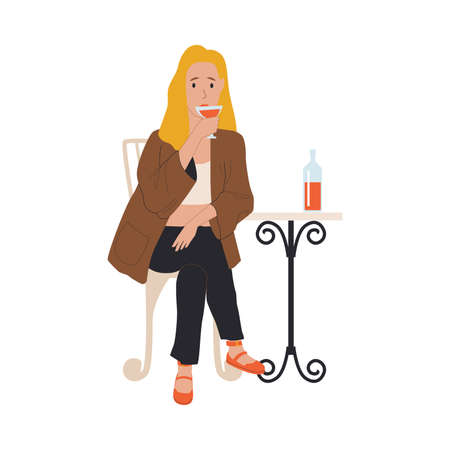 People drink. Cartoon woman in cafe. Female character with wine bottle and glass. Alcohol beverage. Cup coffee and cocktail. Lady sitting at restaurant table. Vector person with boozeのイラスト素材