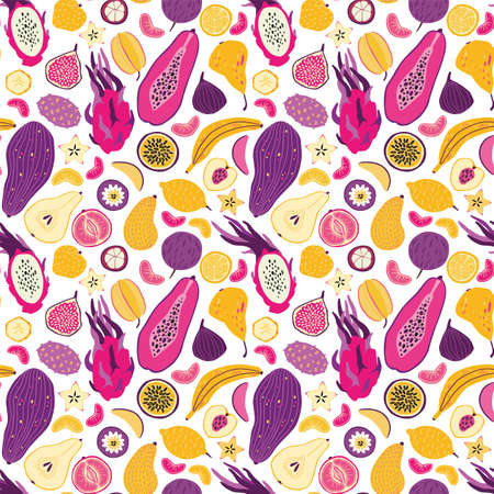 Fruit pattern. Summer tropical wallpaper with exotic food, sweet green health diet, organic and vegan juicy eats. Decor textile, wrapping paper. Print for fabric. Vector seamless backgroundのイラスト素材