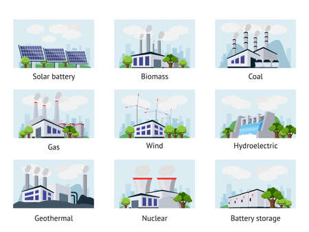 Energy power plant. Renewable and clean electric production. Coil and nuclear stations. Sustainable gas generation. Green windmill. Solar panels. Battery storage. Vector illustration setのイラスト素材