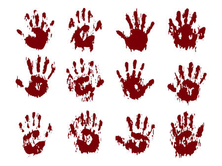 Blood horror hands set. Scary bloody handprints and murder, splatter marks, violence fingerprints or imprints collection. Abstract dirt bloodstains. Isolated on white vector backgroundのイラスト素材