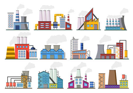 Factory industry power. Industrial buildings. Chemical station. Oil or gas plant. Electricity production construction with smoke chimneys. Urban manufacturing business. Vector icons setのイラスト素材