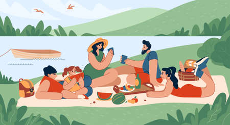 Beach friends picnic. Happy people eat food outdoor. Summer sea vacation. Men and women group sit on blanket. Basket with meal or drinks. Mountain nature landscape. Vector illustrationのイラスト素材