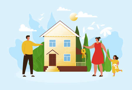 Family and house construction. Real estate agents sell apartments. People buy home. Banking mortgage. Woman with keys. Property purchase. Residence rent. Vector illustration backgroundのイラスト素材