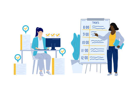 Time management. Business people planning office work and strategy. Tasks priority. Agenda control. Woman completed paperwork. Goals board. Effective workflow organizing. Vector conceptのイラスト素材