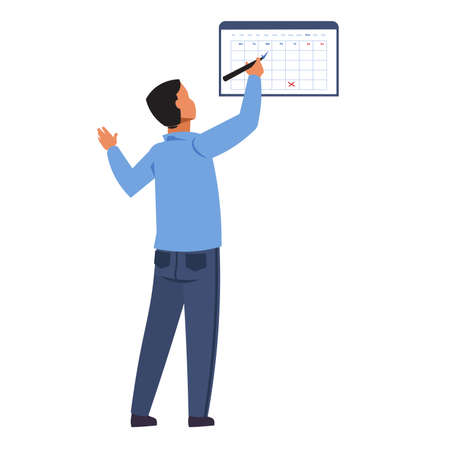 Man marks day on calendar. Time management. Businessman scheduling work week. Agenda and business appointments. People make note. Office worker planning tasks. Vector job organizationのイラスト素材