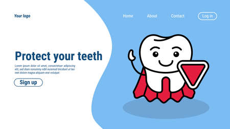Dentist cleaning tooth. Dental doctor landing page, online creative dentistry care, implantation and treatment. Horizontal banner, stomatology clinic mascot. Vector infographic backgroundのイラスト素材