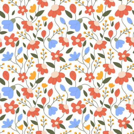 Botanic pattern. Floral bouquet with leaves, summer fields, beautiful botany spring garden. Cute meadow herbs. Decor textile, wrapping paper, wallpaper. Cartoon print. Vector seamless designのイラスト素材