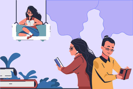 People love reading. Man and woman enjoying books. Literature lovers leisure. Students study in library. Fiction stories. Persons with textbooks. Vector read club or bookstore bannerのイラスト素材