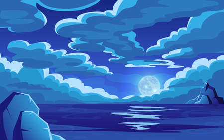 Night ocean landscape with cloud in sky. Dark scene, sea moon horizon, space time, magic lake with moonlight. Deep dark panorama. Mystery midnight backdrop. Vector illustration backgroundのイラスト素材