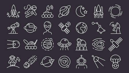 Line cosmos icons. Aerospace telescope and spaceship. Cosmic research. Spacecraft and satellite. Planet discovery. Cosmonaut in space. Asteroid or comet. Vector black astronomy signs setのイラスト素材