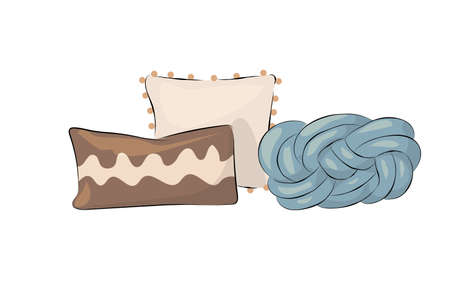 Cushion composition. Doodle bedroom pillows, home interior decorative elements. Cushions with patterns and modern geometric ornaments. Beige and blue colors. Vector cartoon illustrationのイラスト素材
