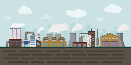 Factory industry, urban landscape with plant. Manufacture building panorama, warehouse facility zone outside of city area with smoke, exterior banner. Industrial production, vector illustrationのイラスト素材