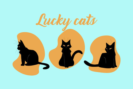 Lucky cats. Black fur kittens. Cute cartoon domestic animals. Veterinary poster. Fluffy pussycats. Phrase calligraphic lettering. Fortune superstition. Kitty poses. Vector funny mammalsのイラスト素材