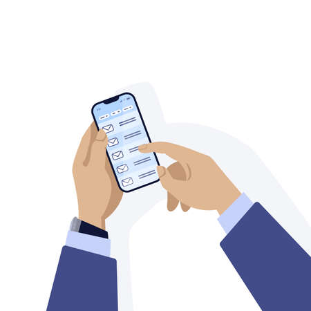 Hands hold smartphone. Top view. Cartoon character reading mail on phone. Online communication, device screen with text application, vector gadget isolated minimal illustrationのイラスト素材