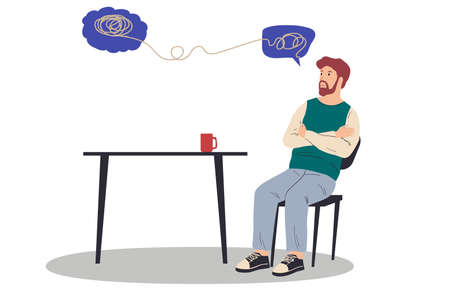 Counseling and mental health support from addiction, psychologist help session, mess in thoughts, speech bubbles with tangled mind, vector cartoon flat isolated psychology illustrationのイラスト素材