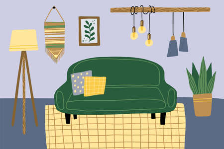 Home interior. Indoor house lounge with window. Living room furniture. Apartment with lamp and decor. Sofa and carpet. Houseplant and couch. Picture on wall. Vector flat design illustrationのイラスト素材