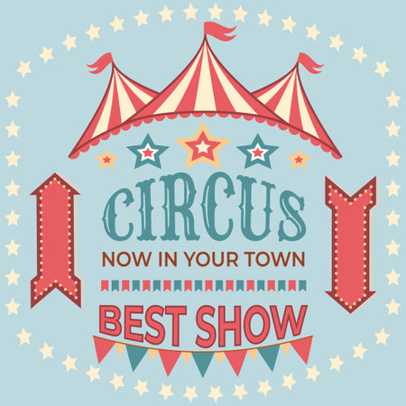 Circus vintage banner. Show welcome advertising poster with tent and text. Card with copy space. Retro frame design, performance striped marquee, invitation flyer. Vector illustrationのイラスト素材