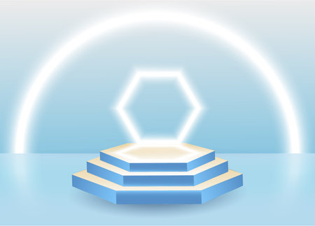 3d podium background, presentation stand, winner stage. Pastel product geometric platform with spotlight, display render, glowing frame lights. Minimal scene. Vector modern design mockupのイラスト素材