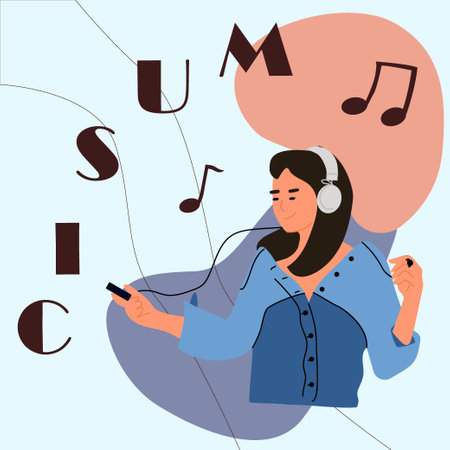 People listen to music. Woman with headphone and smartphone. Musical player. Audio podcast banner. Abstract spots. Female enjoying melody. Sound notes. Radio broadcast. Vector square cardのイラスト素材