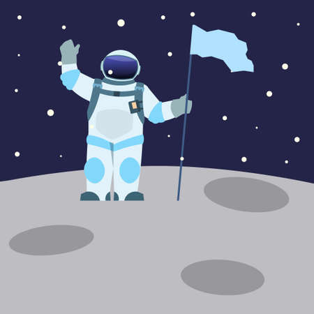 Astronaut with flag. Spaceman on moon. Outer space. Planet discovery. Cosmonaut in spacesuit waving hand. Cosmic exploration. Astronomy science. Universe explorer. Vector illustrationのイラスト素材