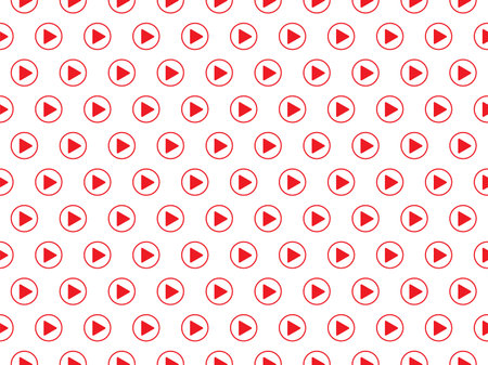 Play video button pattern. Texture for streaming channel. Isolated red circle icon. Concept for audio broadcast. Live stream. Repeated print with player symbol. Vector seamless backgroundのイラスト素材