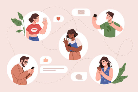 People web communication. Online smartphone app. Young characters in social chat. Users conversation. Students date. Persons send messages. Phone application. Vector cartoon illustrationのイラスト素材