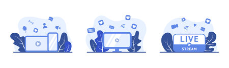Live stream. Online player. Social media network. Video call. Mobile or computer icons. Digital technology concept. Broadcast channel. Internet communication. Vector device screens setのイラスト素材
