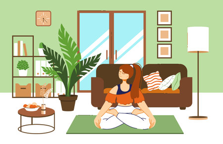 Woman meditate, yoga at home, relax and meditation sitting in lotus position. Peaceful girl calm in room, character enjoy pose in house, indoor scene. Vector cartoon illustrationのイラスト素材