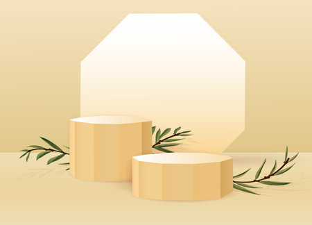 Podium with leaves, product presentation background, beauty cosmetic display. Minimal scene with 3d pedestal, realistic elements, platform with spotlight, exhibition vector abstract mockupのイラスト素材