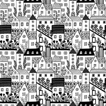 Black and white city pattern. Doodle texture. Cute repetition vintage town. Line art architecture. Real estate. Residential buildings with windows and flowers. Vector seamless backgroundのイラスト素材