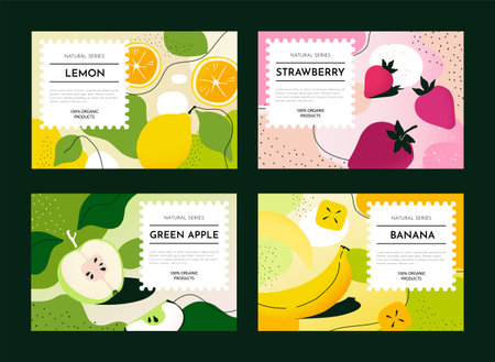 Abstract food package. Orange or pineapple pattern. Soap box or stamp symbol. Bath cosmetic container. Banana and apple. Label templates set. Organic products. Vector design backgroundのイラスト素材