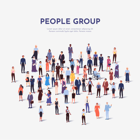 Many people crowd. Citizen group. A lot of persons. Large market. Business workers. International students silhouettes. Multiethnic population. Society diversity. Vector poster designのイラスト素材