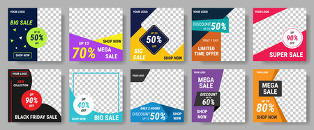 Sale post, social media template. Ad banner, promo product offer, discount flyer or poster, square frame with transparent layer. Bright geometric design. Vector graphic backgrounds setのイラスト素材