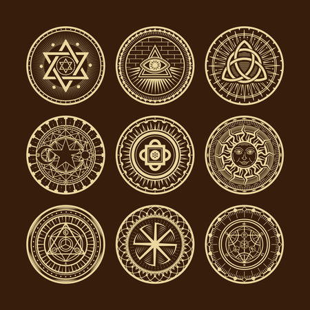 Occult pentagram symbols. Magic circles. Egypt star logo. Esoteric ankh. Illuminati tattoo. Astrology pictograms. Alchemy signs with moon or sun. Eye pyramid. Vector emblem labels setのイラスト素材