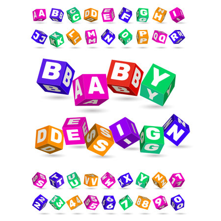 Kids cubes with ABC font. Creative children logo. Playground for childhood. Colorful style toy blocks. Alphabet studying. Numbers and letters. Babies education. Vector illustration setのイラスト素材