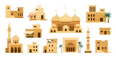 Old house village. Desert heritage buildings. Ancient Arabia. Stone homes. Traditional Arabic architecture. Mosques and residential mansions. Vector Arabic city landscape elements setのイラスト素材