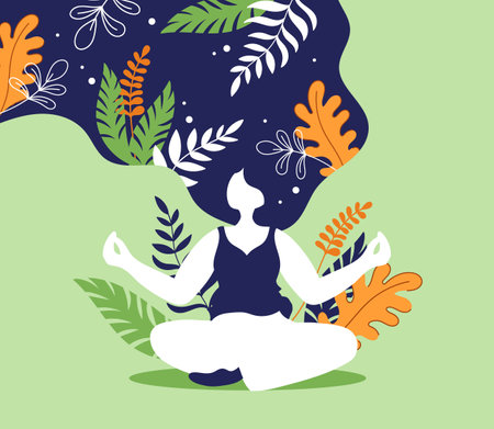 Wellbeing woman calm mind in yoga. Body mental health concept, nature zen, spiritual balance. Happy girl in meditation asana, leaves and flowers on background, vector cartoon illustrationのイラスト素材