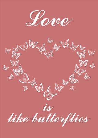 Heart of butterflies. Beautiful insects in romantic form. love text, valentine day card or modern poster, media post or stories, fashion pattern. Abstract background. Vector vertical bannerのイラスト素材