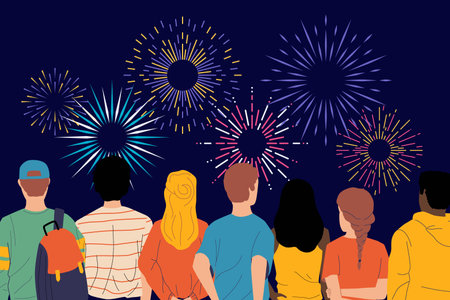 People watching fireworks. Persons standing behind. Color sparks. Light flashes in night sky. Holiday celebration. Man and woman looking festive flares. Rear view. Vector illustrationのイラスト素材