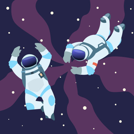 Astronauts. People in spacesuits in outer space. Galaxy exploration, Cosmonauts in zero gravity, universe explorer, cosmic journey. Black sky and stars. Vector cartoon flat illustrationのイラスト素材