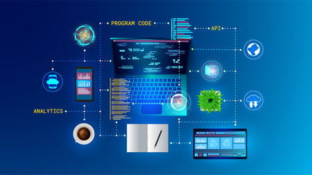 Website software. Web app. API technology. Program code. Digital mobile and laptop connection application. Computer platform. Data analytic. Internet network. Vector concept backgroundのイラスト素材