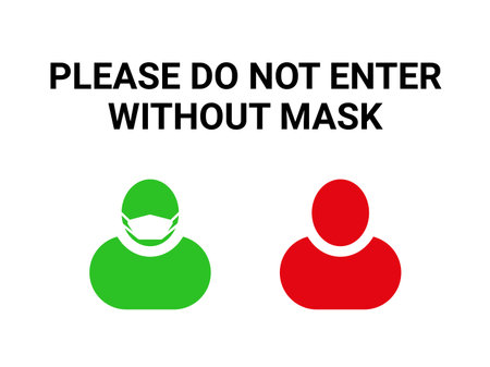 Wear mask poster. Forbidden enter without face protection. Quarantine notice sign. People head permission and prohibition signs.のイラスト素材