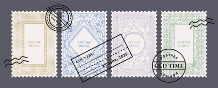 Vintage old postage. Retro postmarks and mail stamps. Blank ribbon frame with etching details. Drawing envelope signs. Mailing objects. Post paper stickers set. Vector design backgroundのイラスト素材