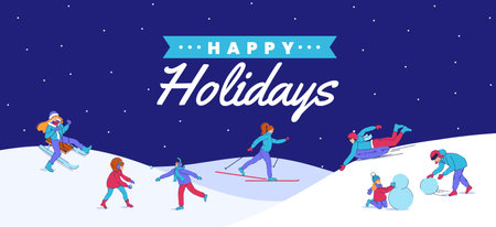 Let it snow. Winter vacation. Kids make snowman and play snowballs. Season collection. Children activities in park city. Skiing sport. People ride on sleigh. Vector illustration conceptのイラスト素材
