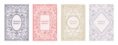 Old antique borders, apothecary pattern. Retro paper with floral ornament, postage certificate. Leaves and flowers texture, cover template, botanical cards design. Vector design illustrationのイラスト素材